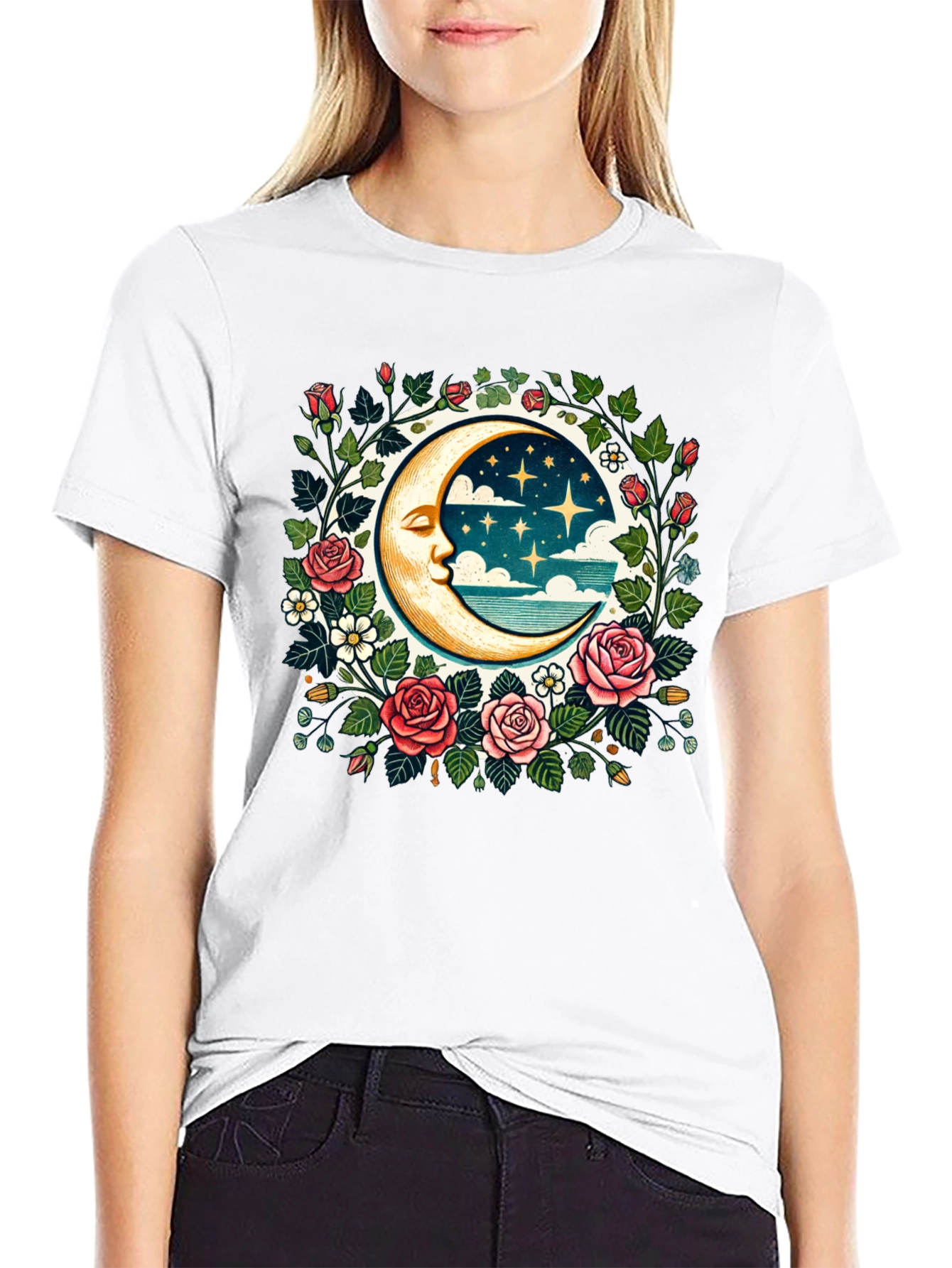 Floral Moon Graphic Tee - Celestial Style