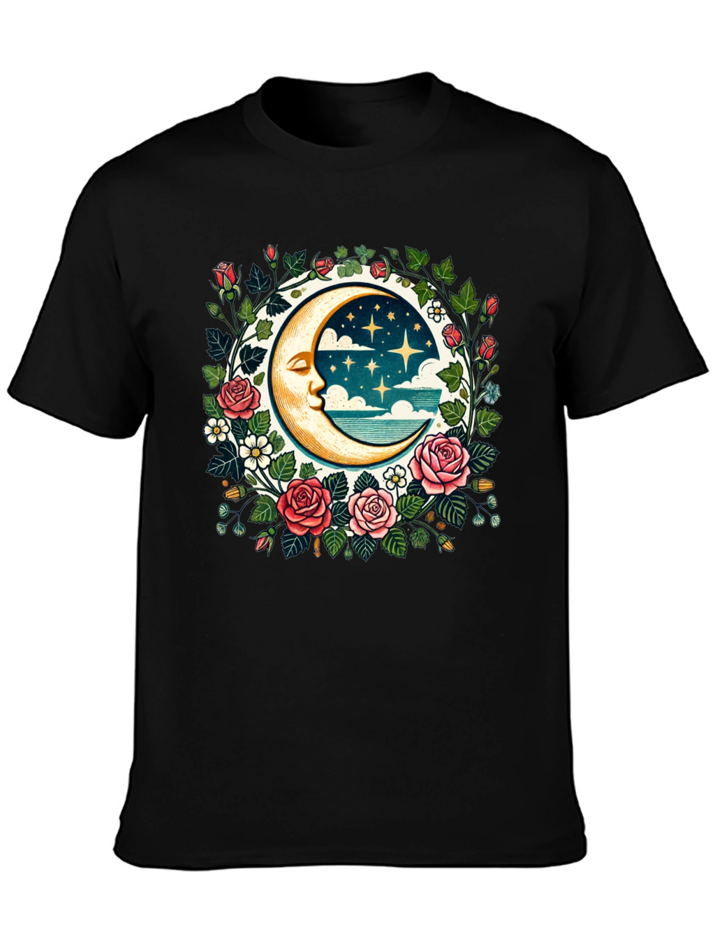 Floral Moon Graphic Tee - Celestial Style
