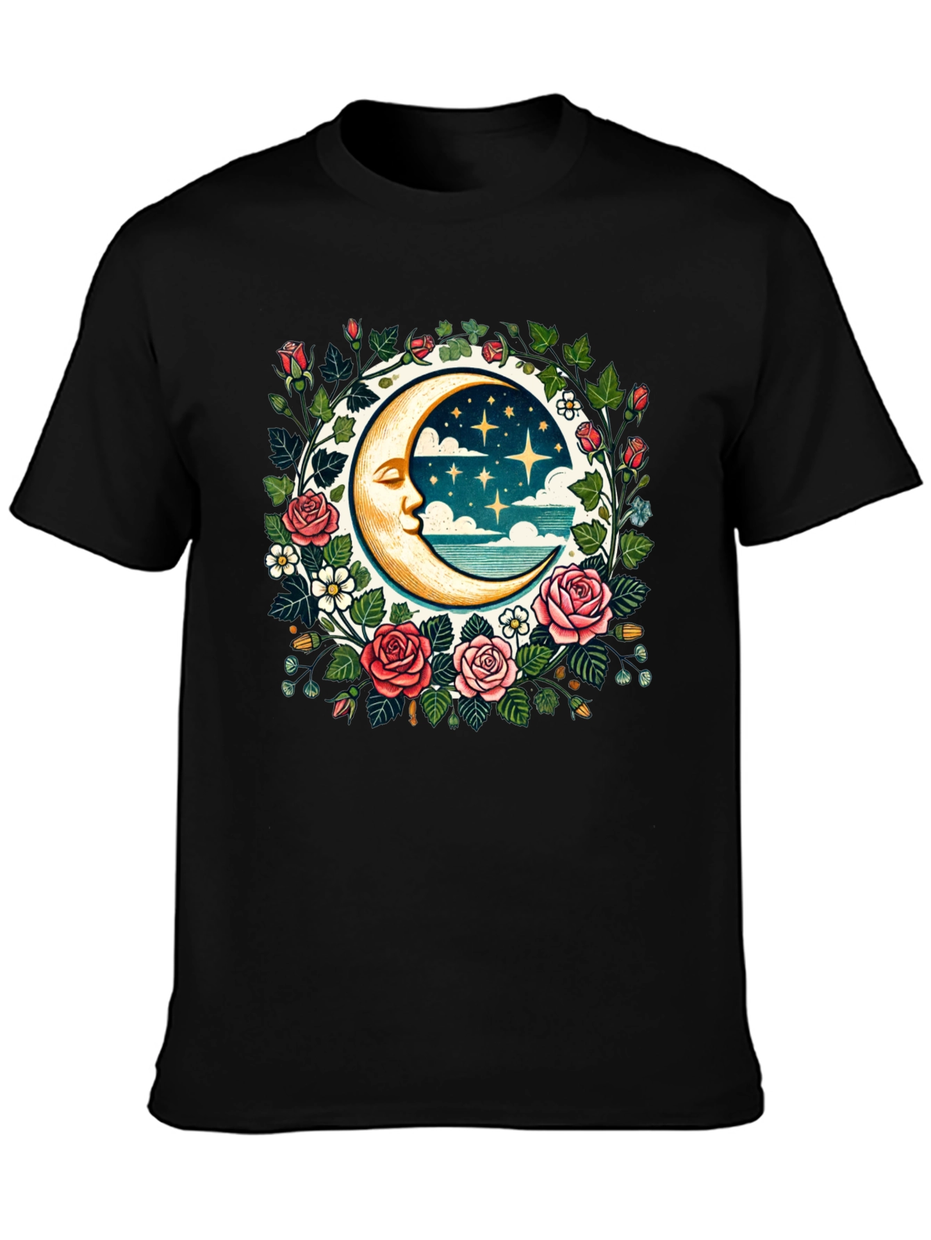 Floral Moon Graphic Tee - Celestial Style