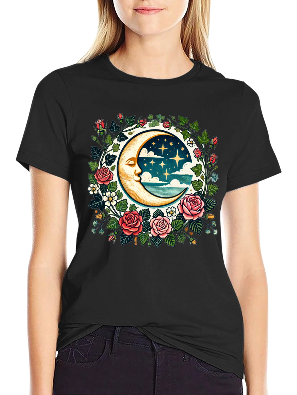 Floral Moon Graphic Tee - Celestial Style