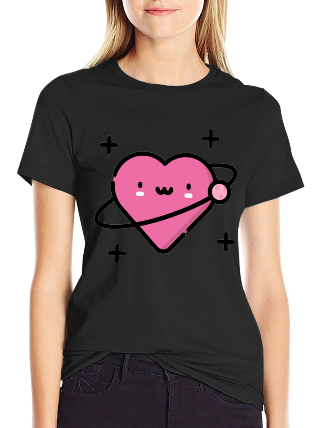 Cute Heart Planet Black T-Shirt