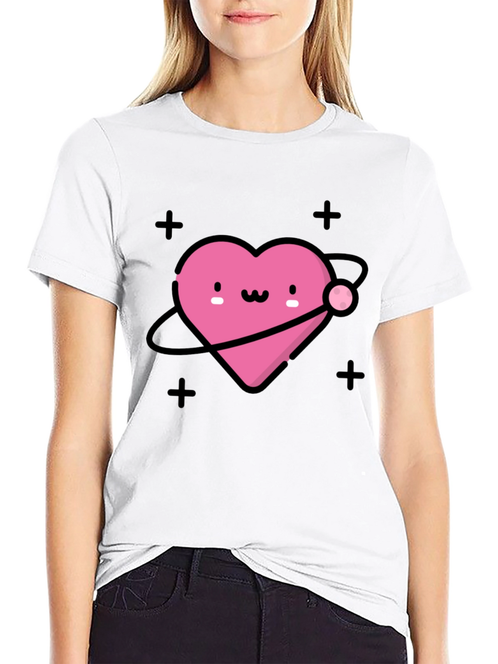 Cute Heart Planet Black T-Shirt