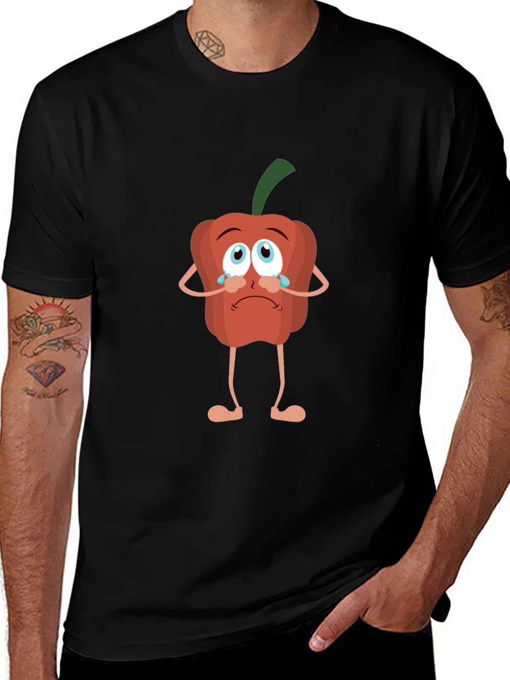 Sad Pepper Cartoon Black T-Shirt