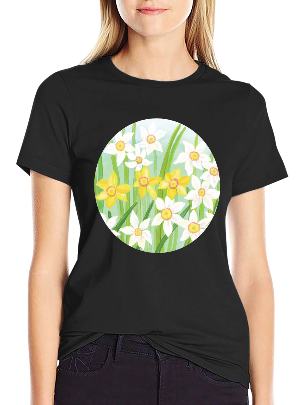 Floral Daffodil Print Black T-Shirt