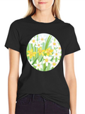 Floral Daffodil Print Black T-Shirt