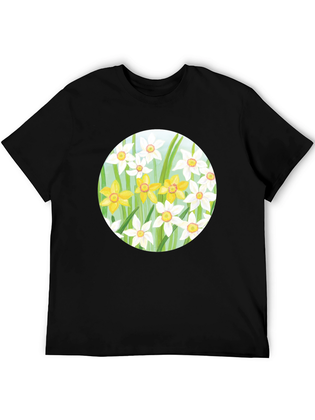 Floral Daffodil Print Black T-Shirt