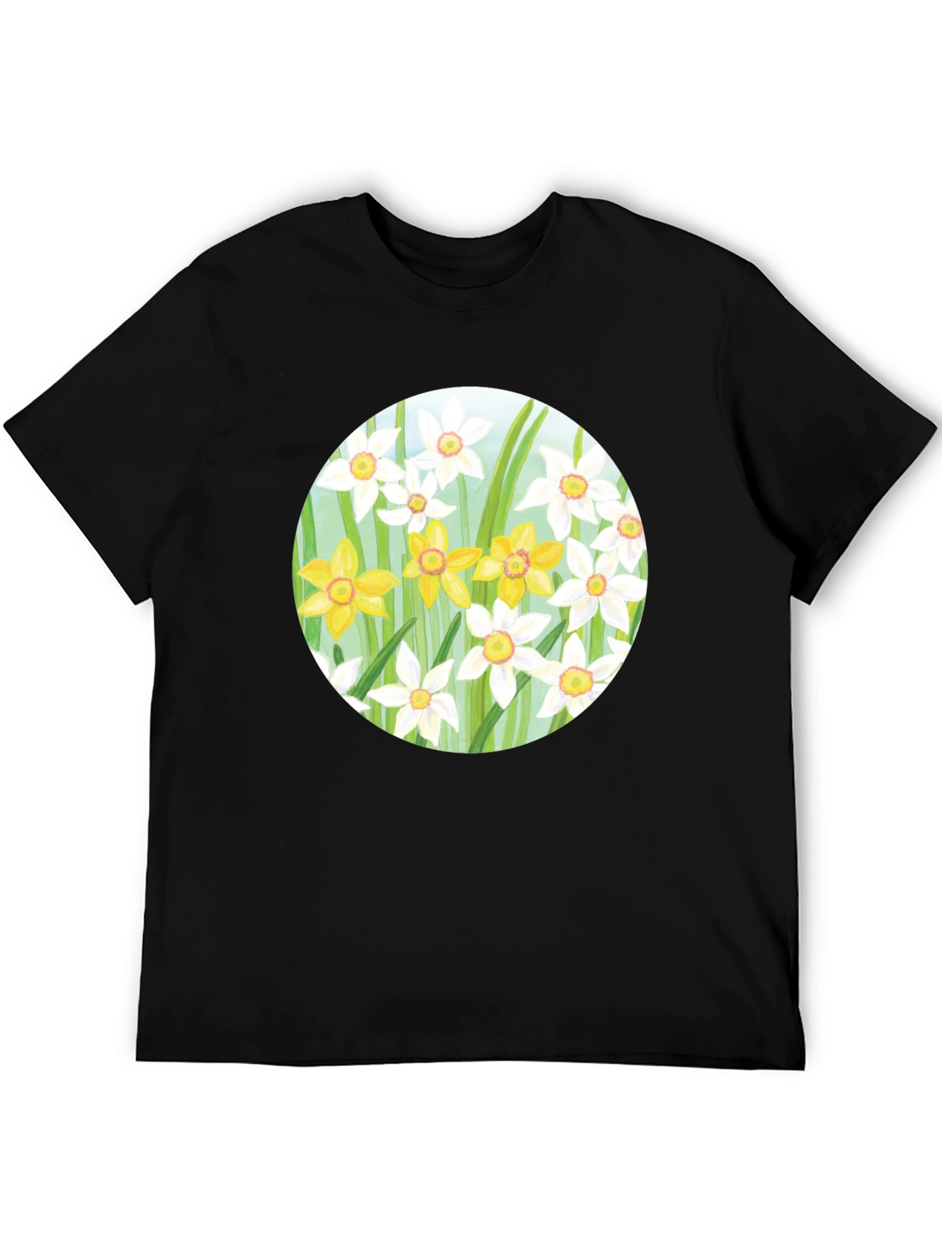 Floral Daffodil Print Black T-Shirt