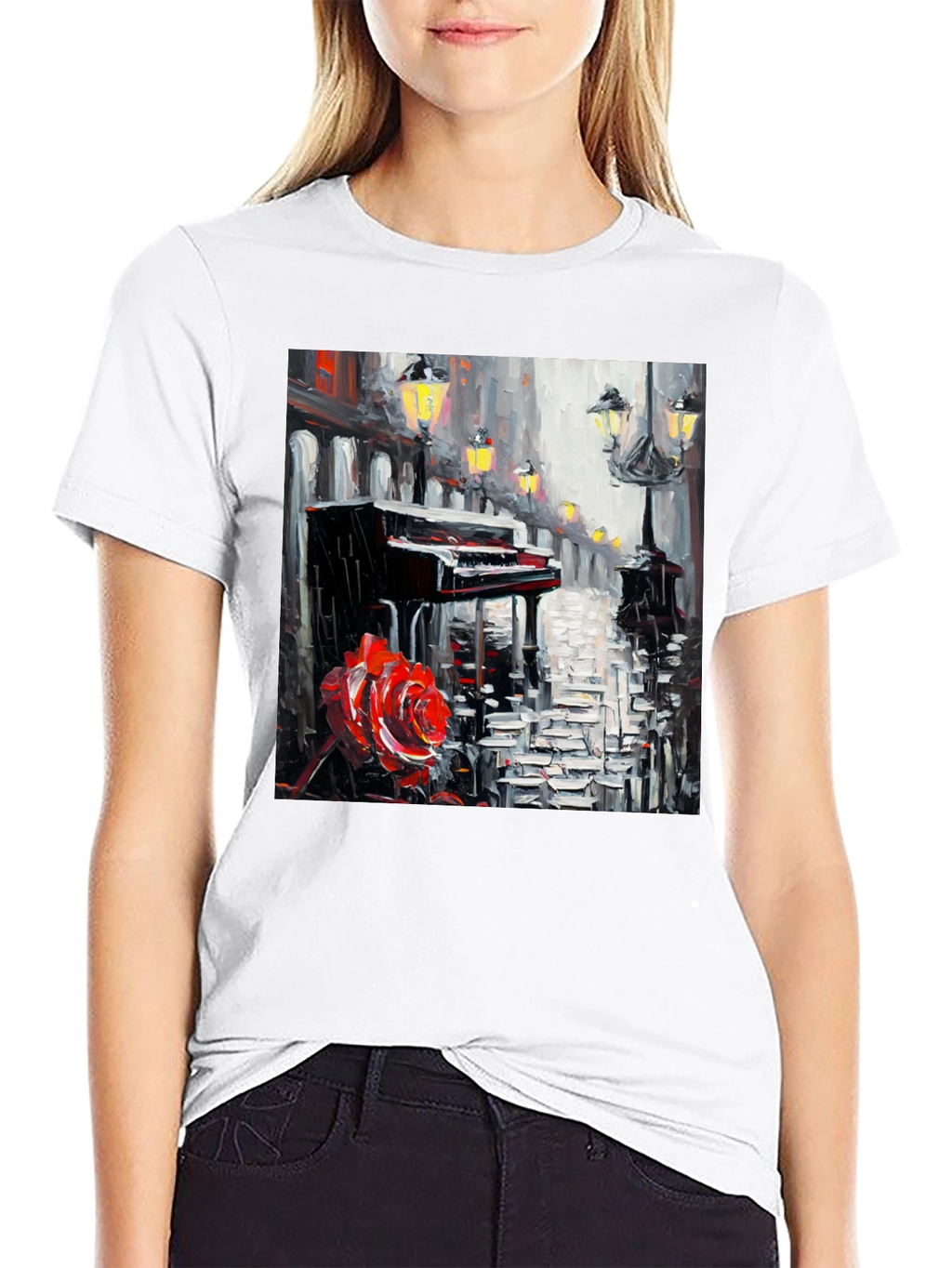 Piano & Rose Graphic Tee - Artistic Black T-Shirt