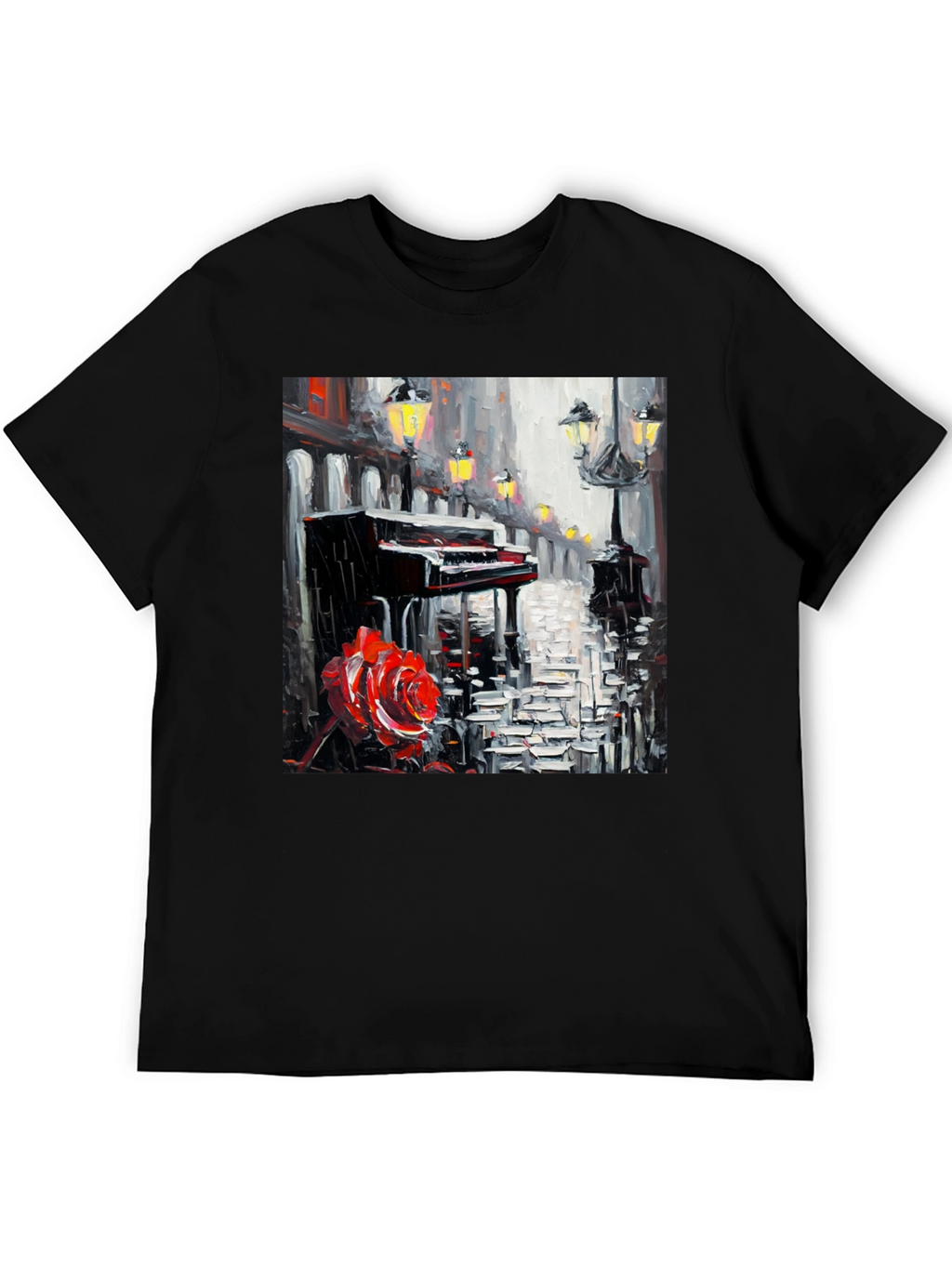 Piano & Rose Graphic Tee - Artistic Black T-Shirt