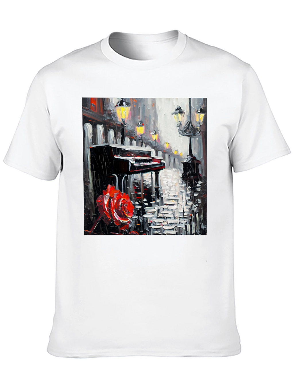 Piano & Rose Graphic Tee - Artistic Black T-Shirt