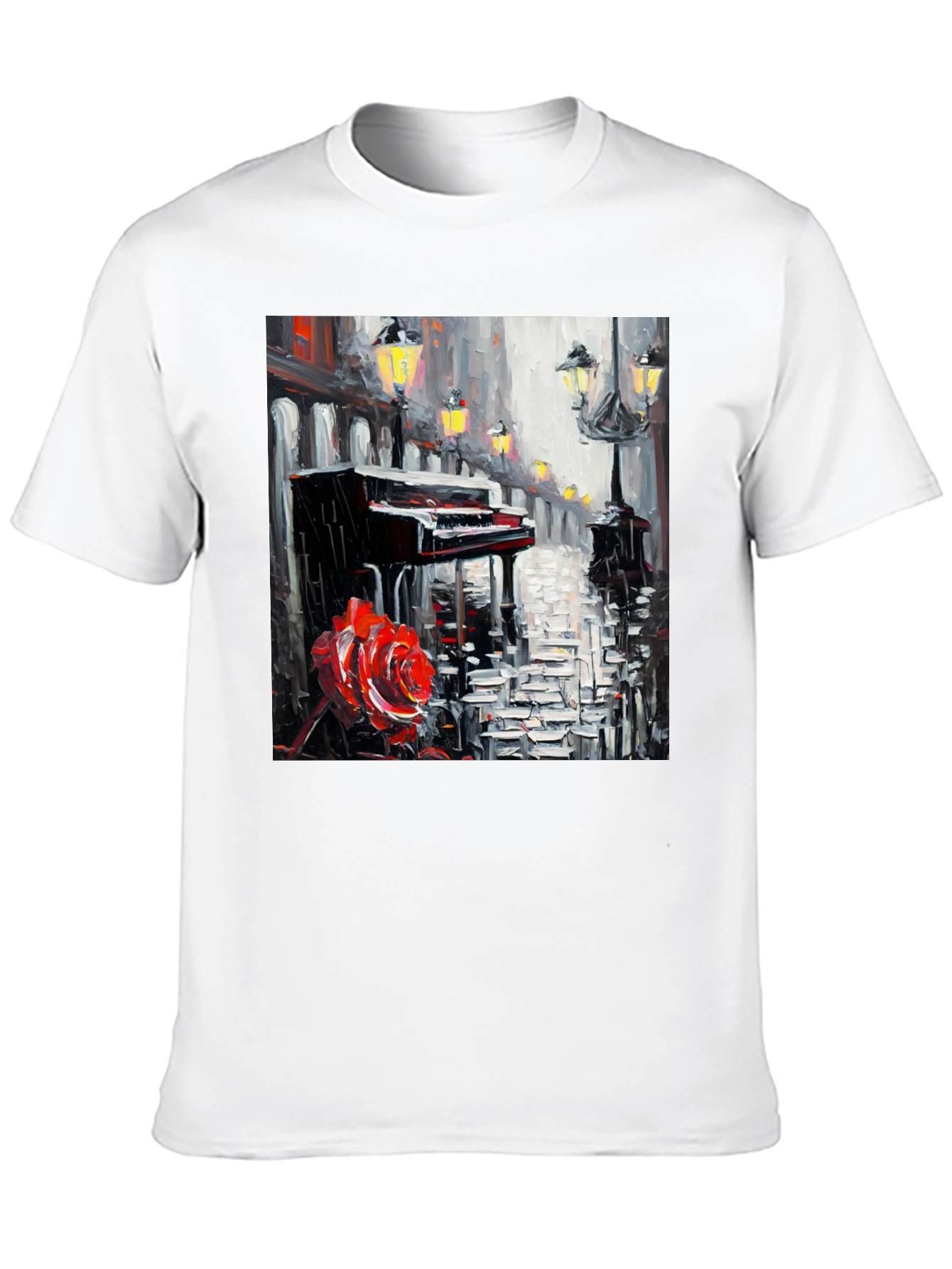 Piano & Rose Graphic Tee - Artistic Black T-Shirt