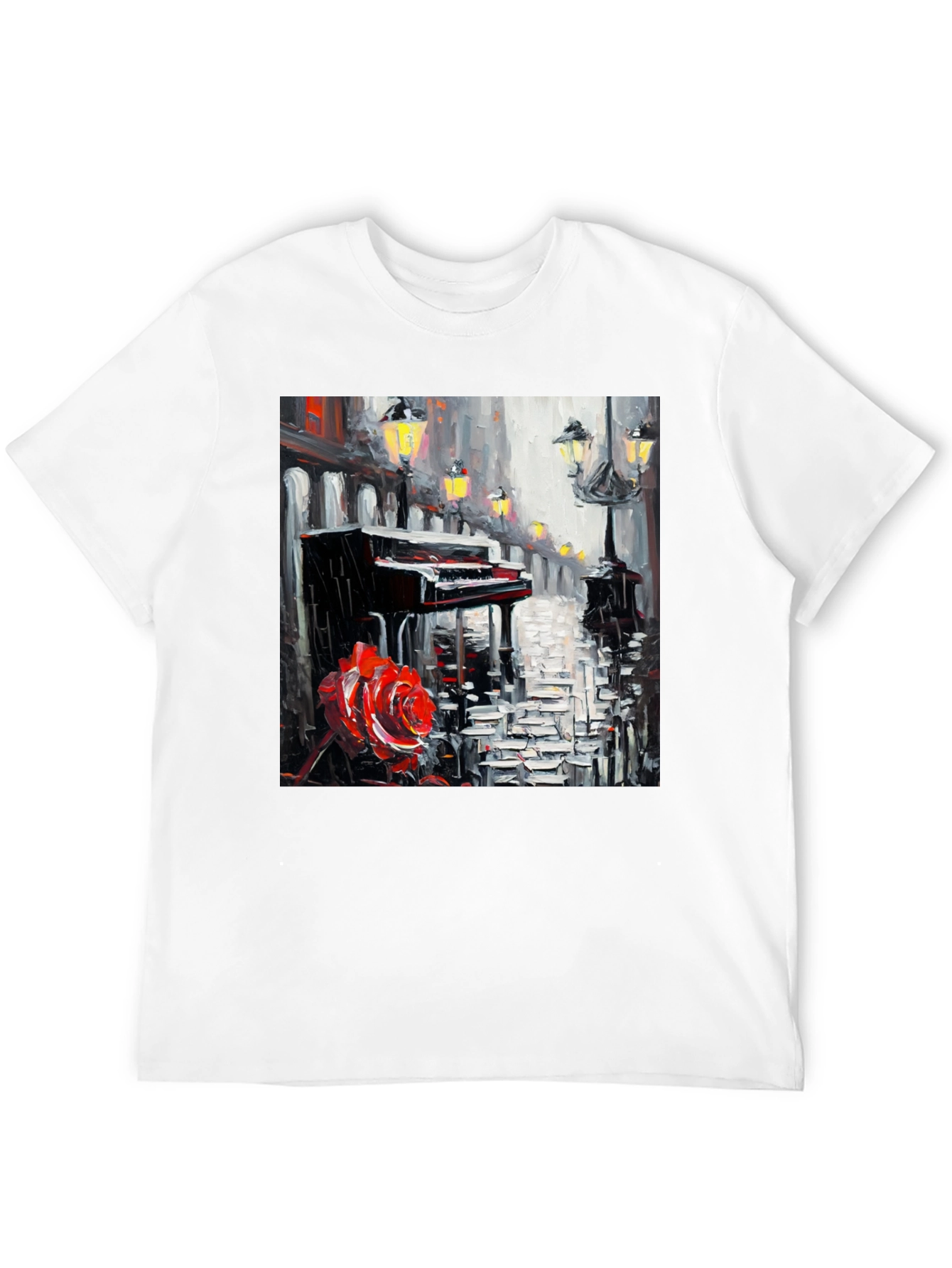 Piano & Rose Graphic Tee - Artistic Black T-Shirt