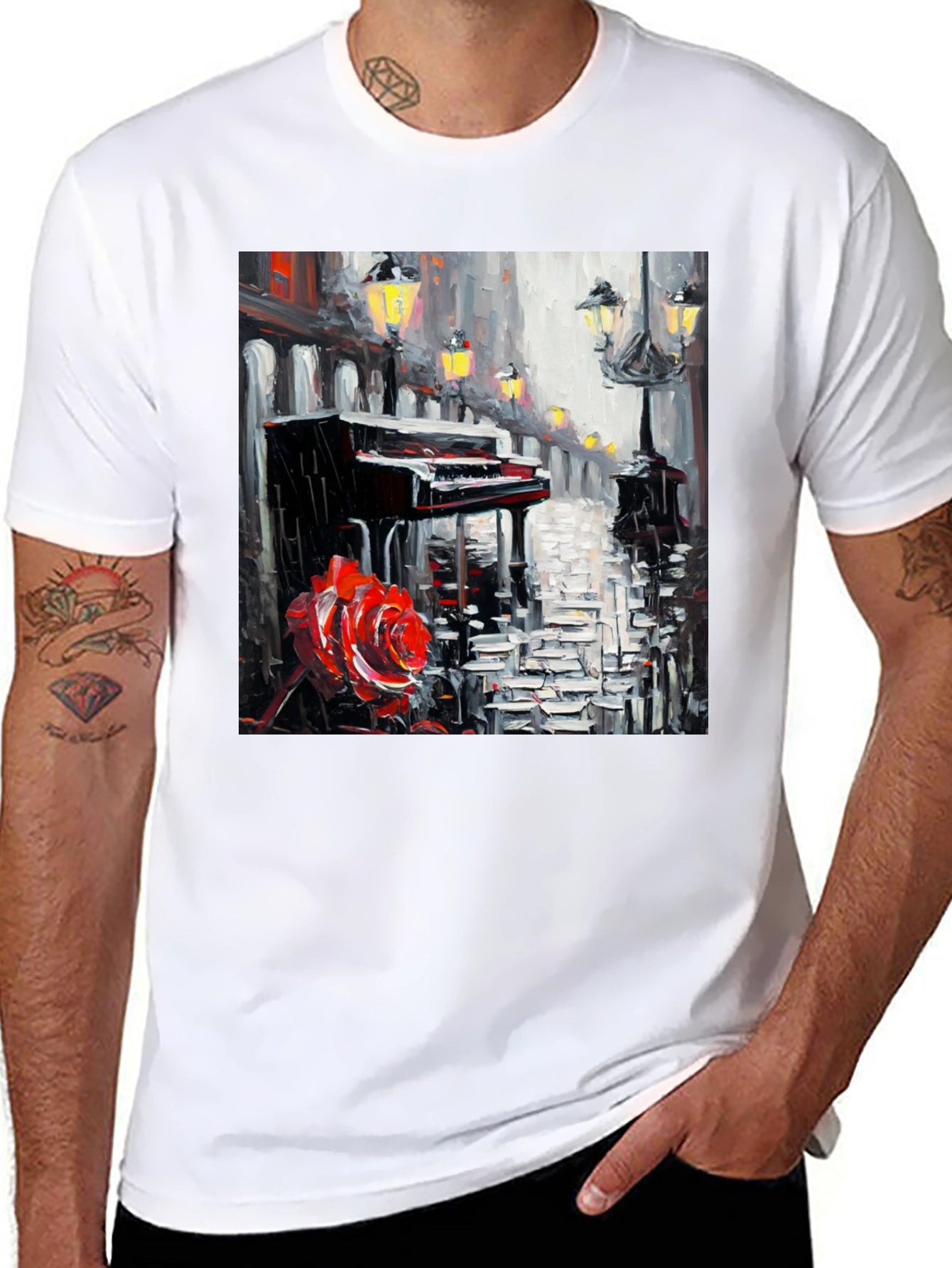 Piano & Rose Graphic Tee - Artistic Black T-Shirt