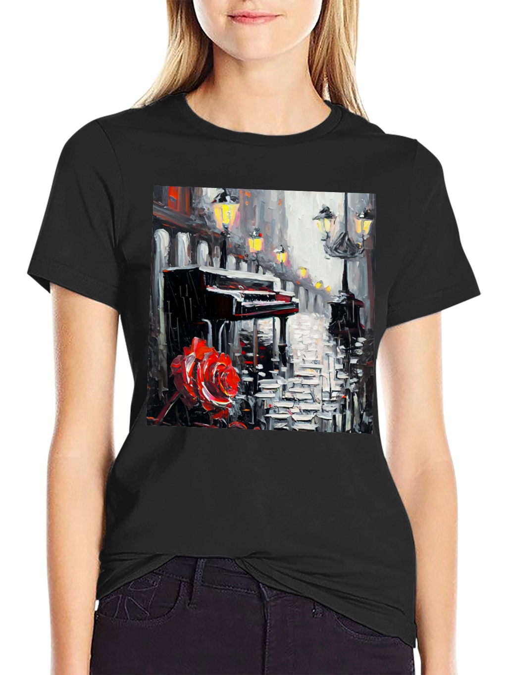 Piano & Rose Graphic Tee - Artistic Black T-Shirt