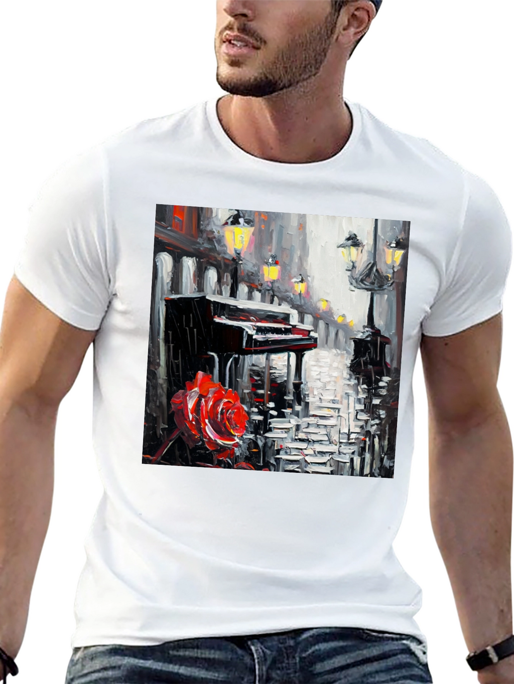 Piano & Rose Graphic Tee - Artistic Black T-Shirt