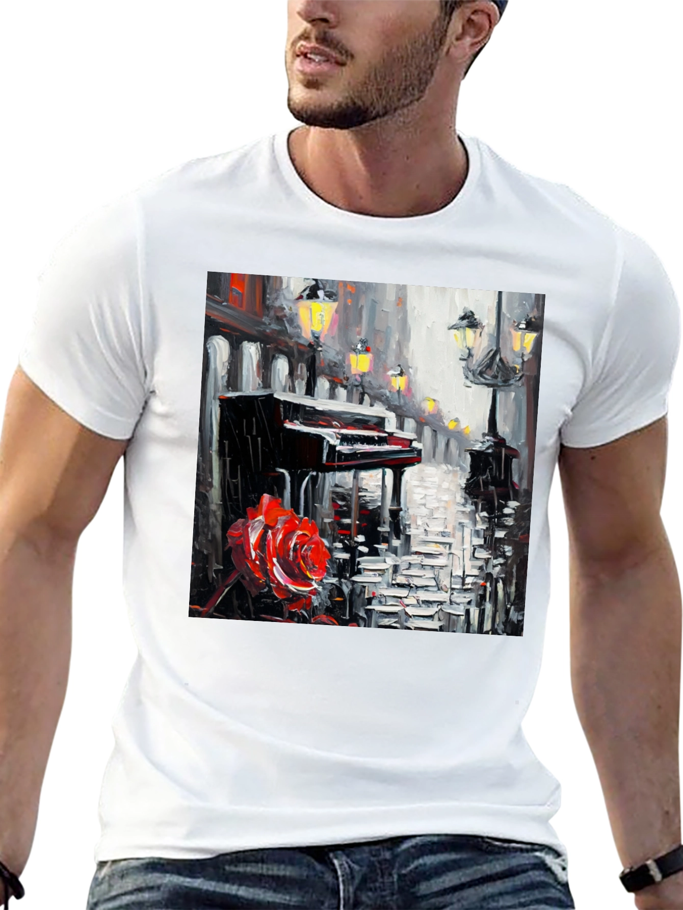 Piano & Rose Graphic Tee - Artistic Black T-Shirt