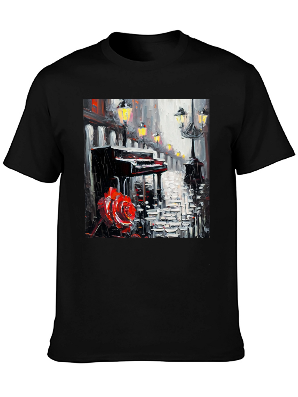 Piano & Rose Graphic Tee - Artistic Black T-Shirt