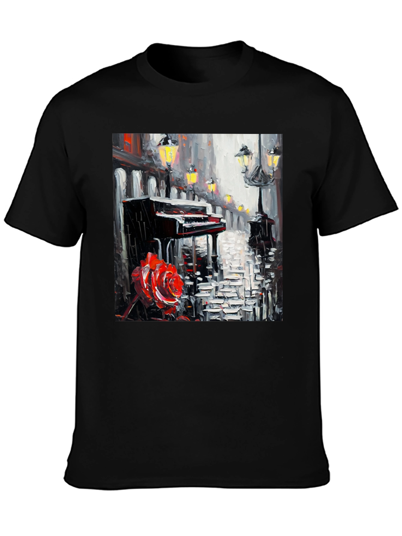 Piano & Rose Graphic Tee - Artistic Black T-Shirt