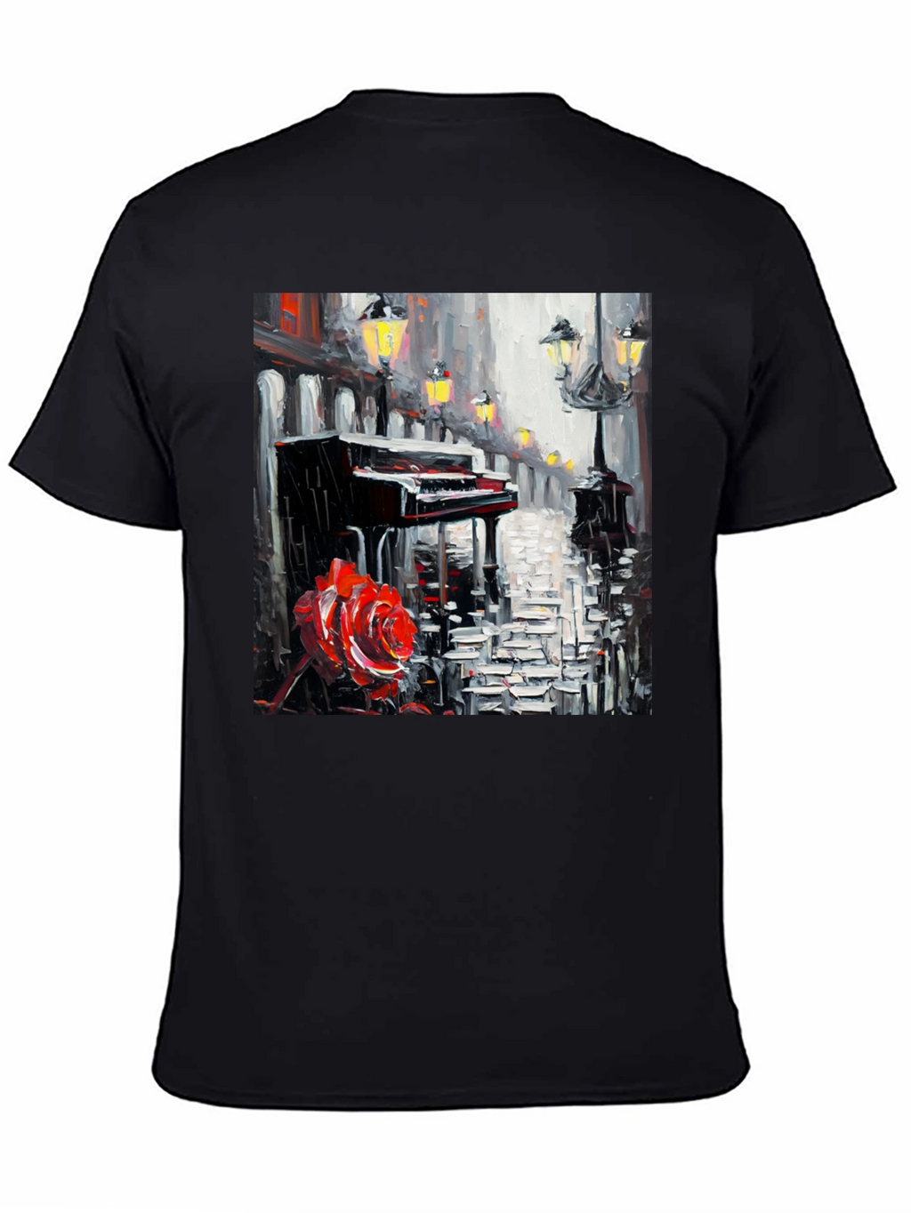 Piano & Rose Graphic Tee - Artistic Black T-Shirt