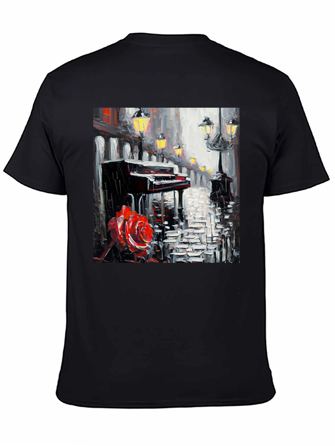 Piano & Rose Graphic Tee - Artistic Black T-Shirt