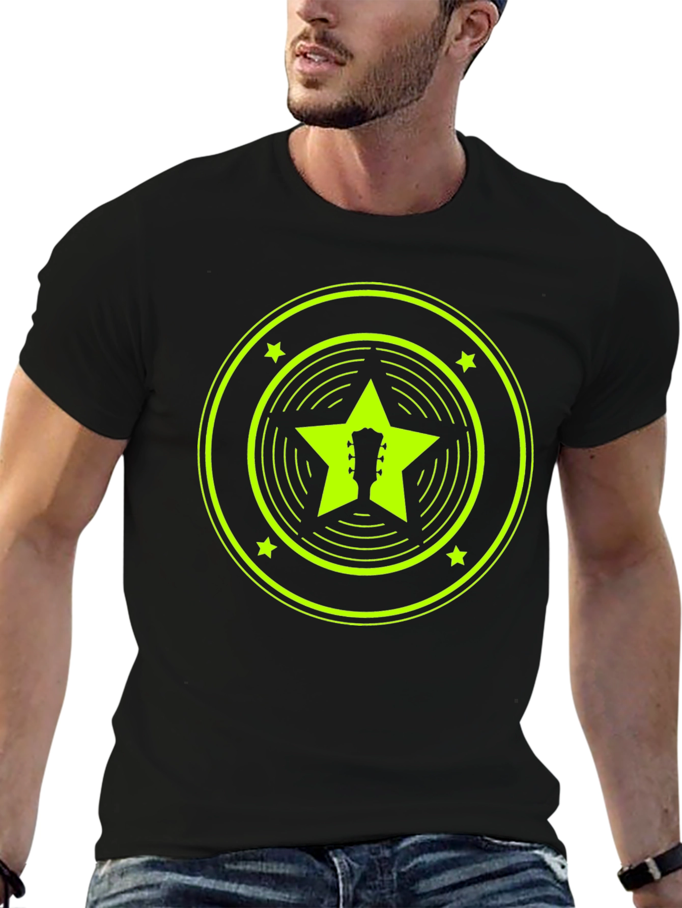 Retro Guitar Star Graphic Tee - Black