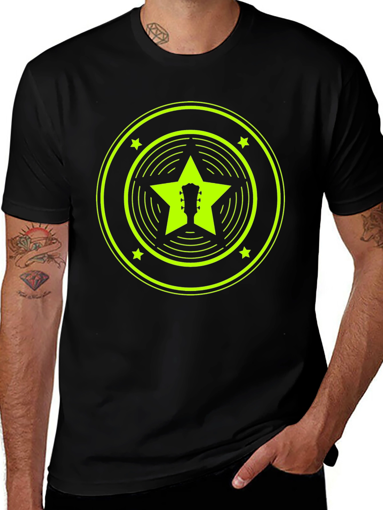 Retro Guitar Star Graphic Tee - Black