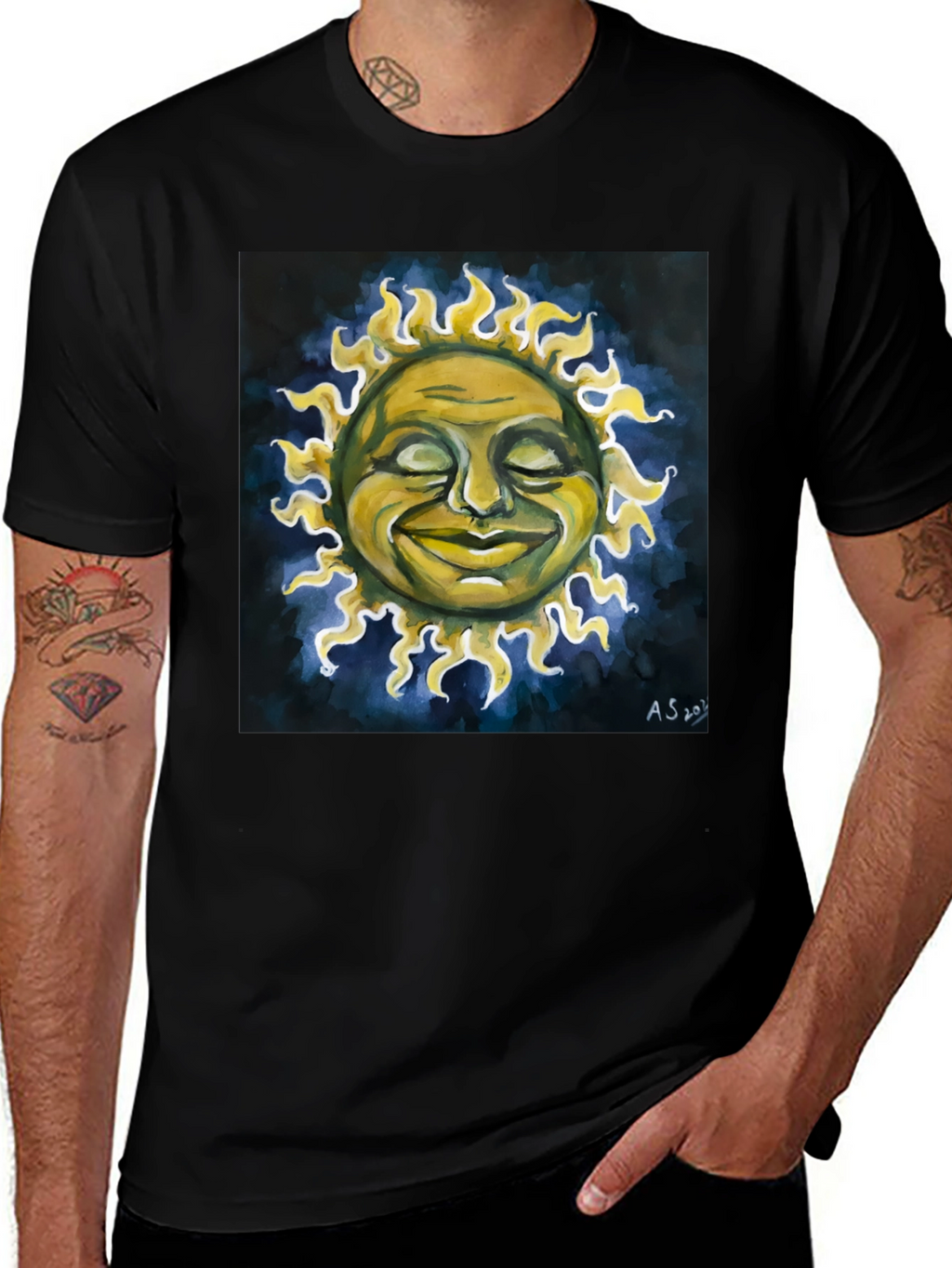 Smiling Sun Graphic Tee - Black Crew Neck