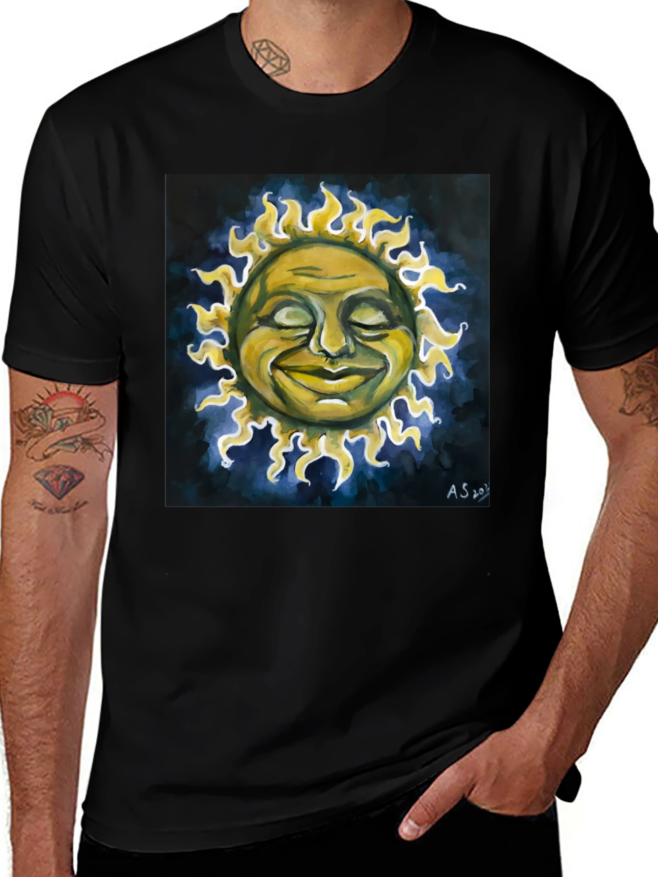 Smiling Sun Graphic Tee - Black Crew Neck