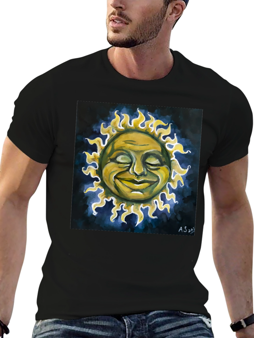 Smiling Sun Graphic Tee - Black Crew Neck
