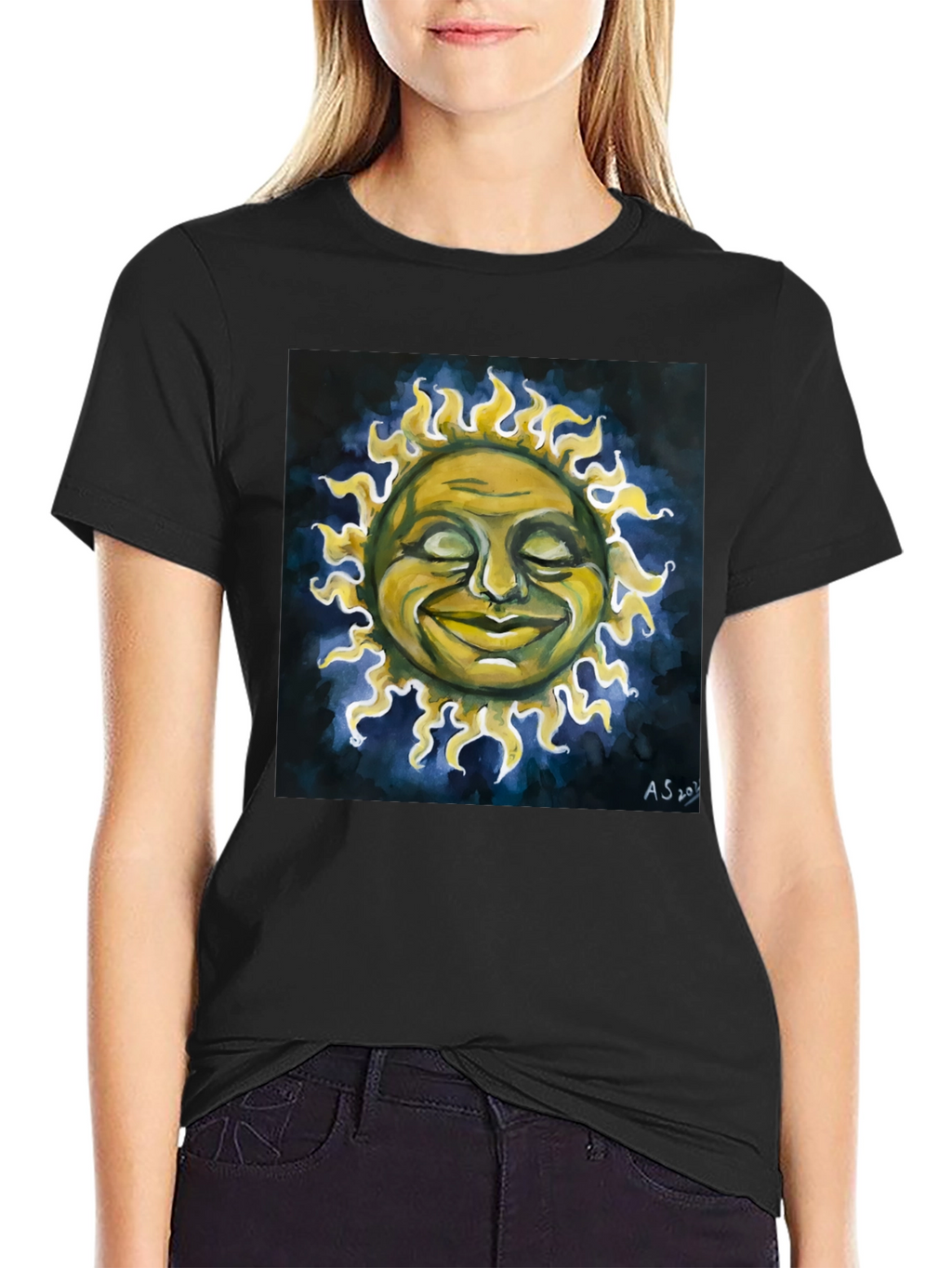 Smiling Sun Graphic Tee - Black Crew Neck