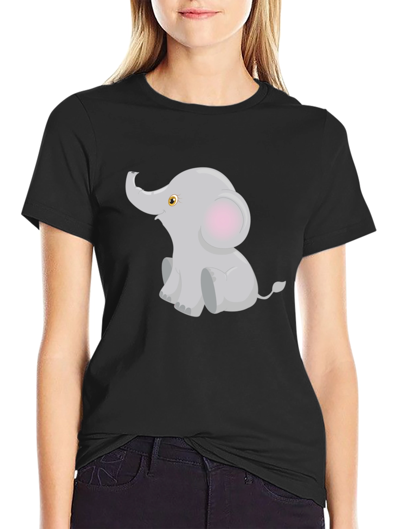 Cute Elephant Graphic Tee - Black Cotton Blend T-Shirt