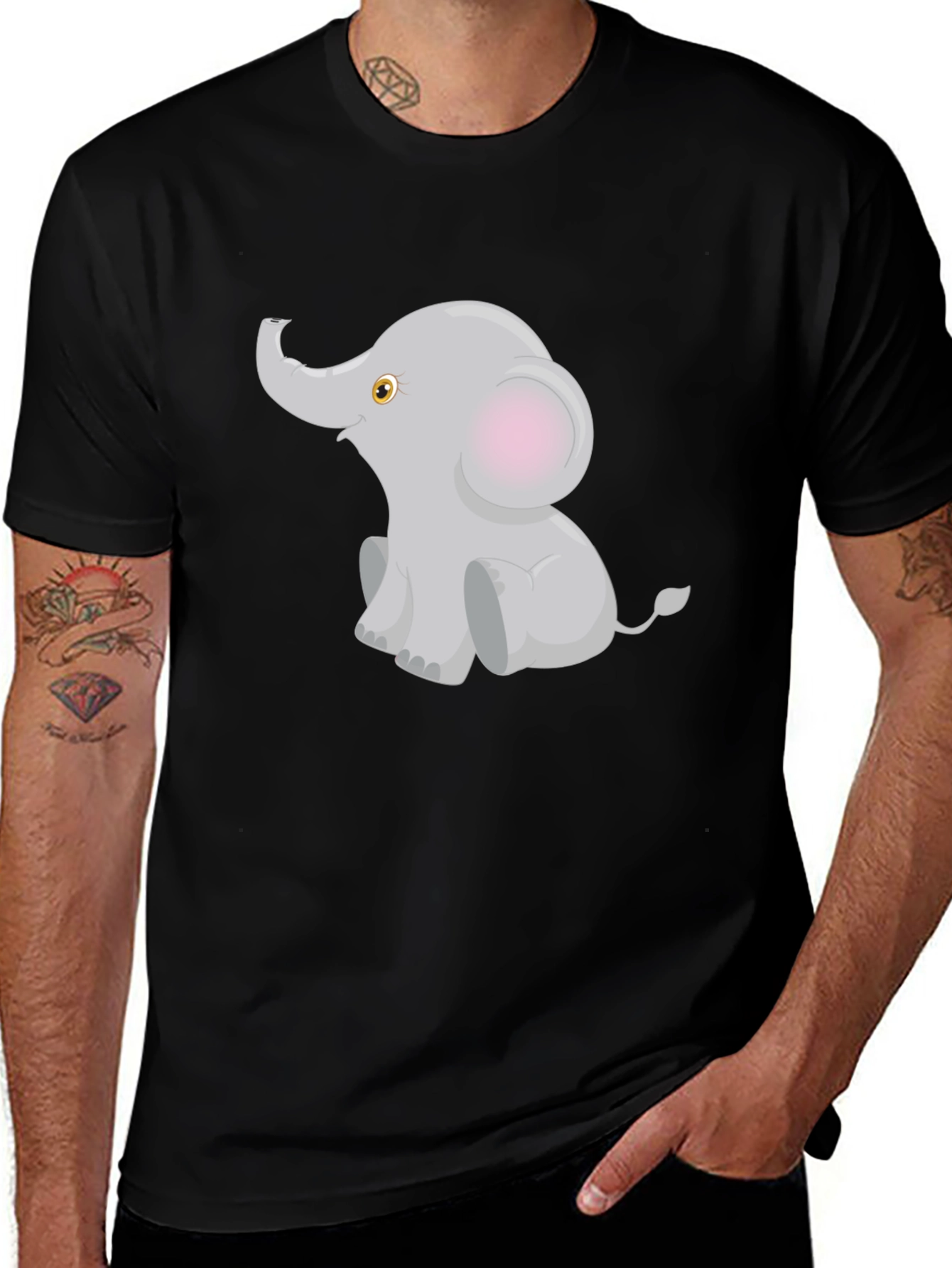 Cute Elephant Graphic Tee - Black Cotton Blend T-Shirt
