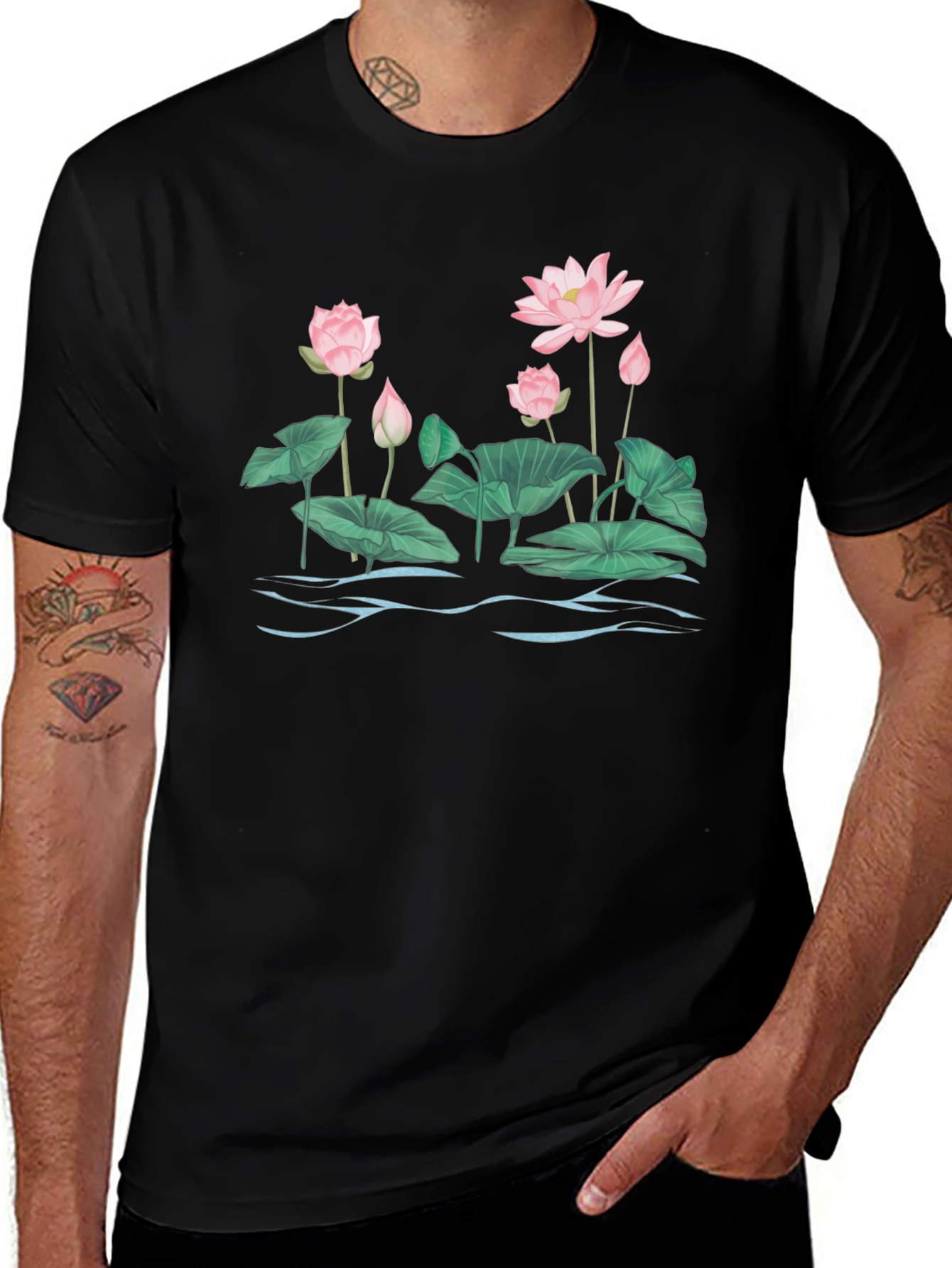 Lotus Blossom Graphic T-Shirt - Black Cotton Tee
