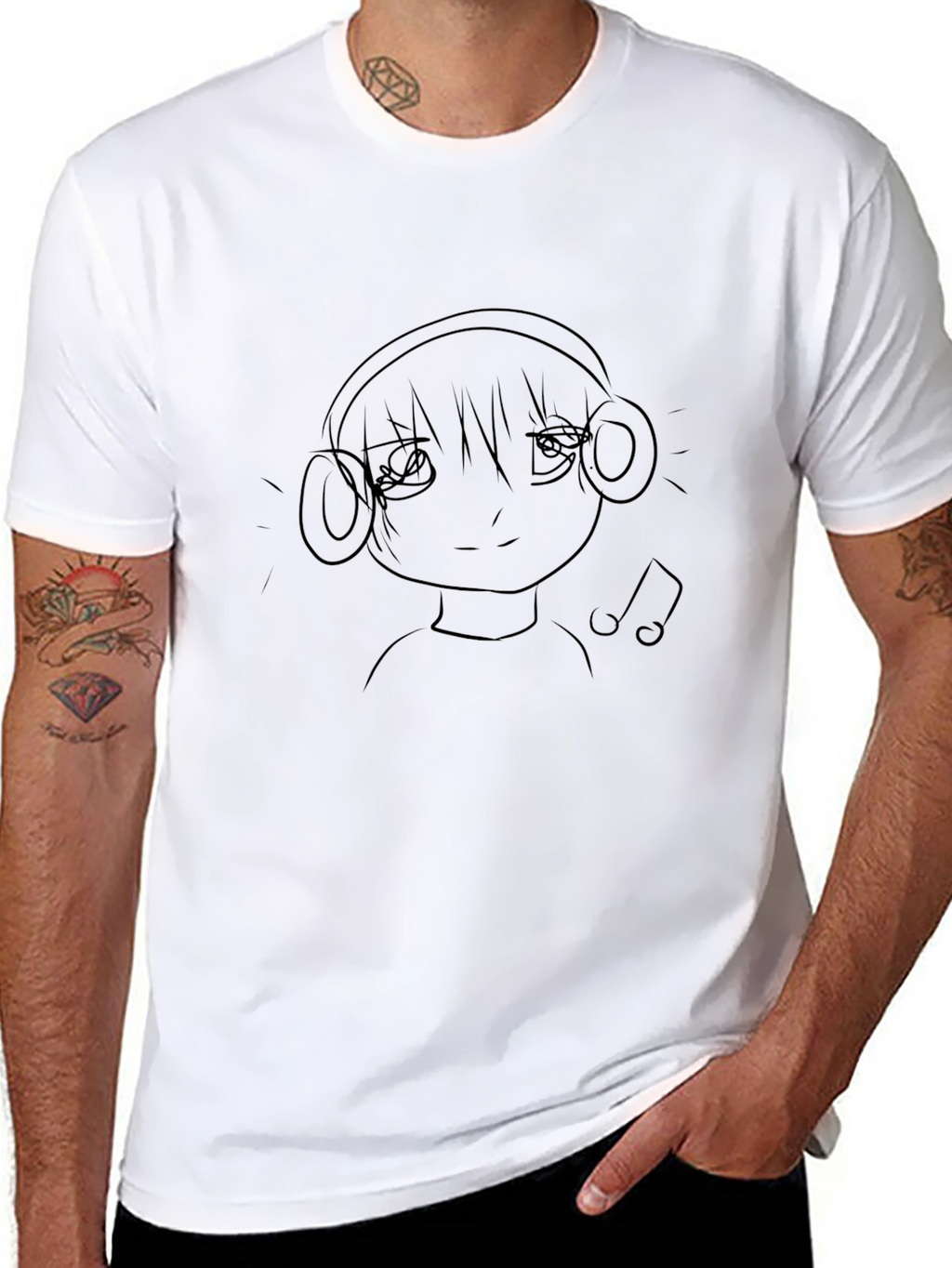 Anime Girl with Headphones Black Graphic Tee