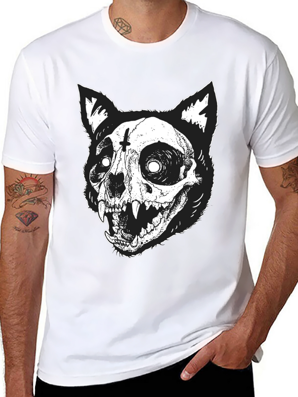 Gothic Cat Skull Graphic Print Black T-Shirt