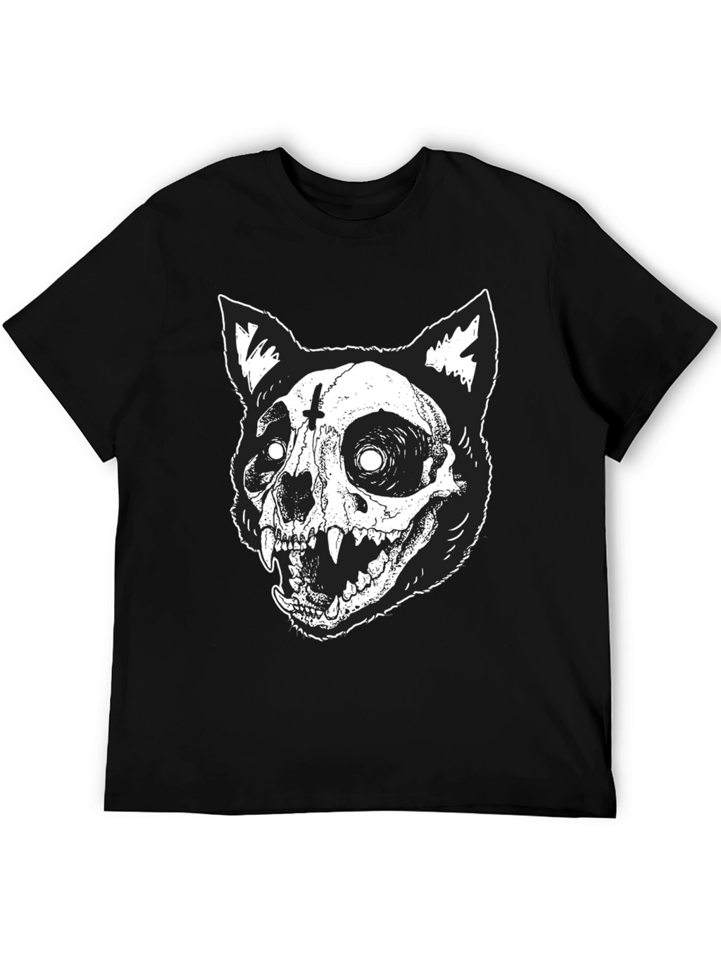 Gothic Cat Skull Graphic Print Black T-Shirt