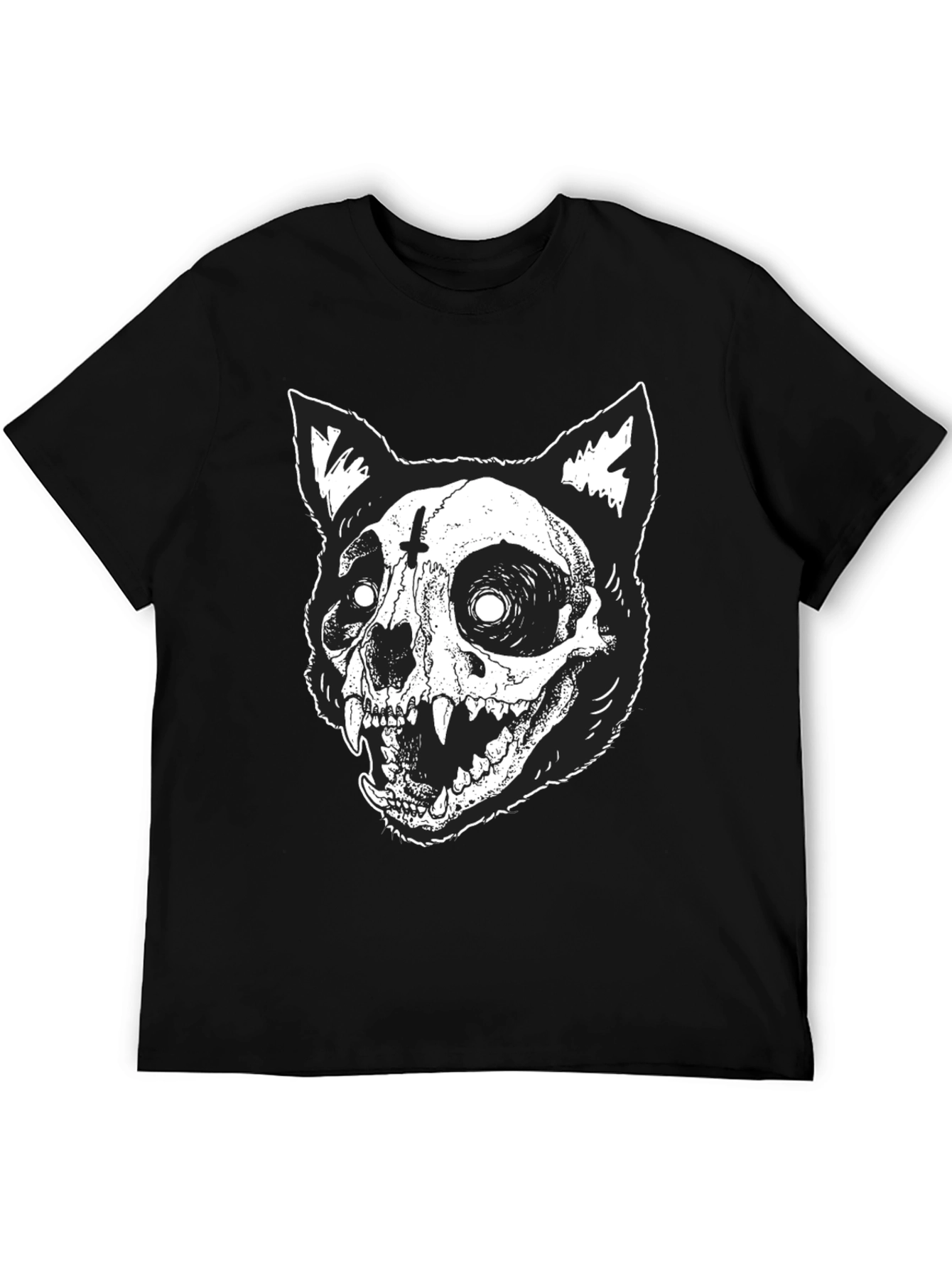 Gothic Cat Skull Graphic Print Black T-Shirt