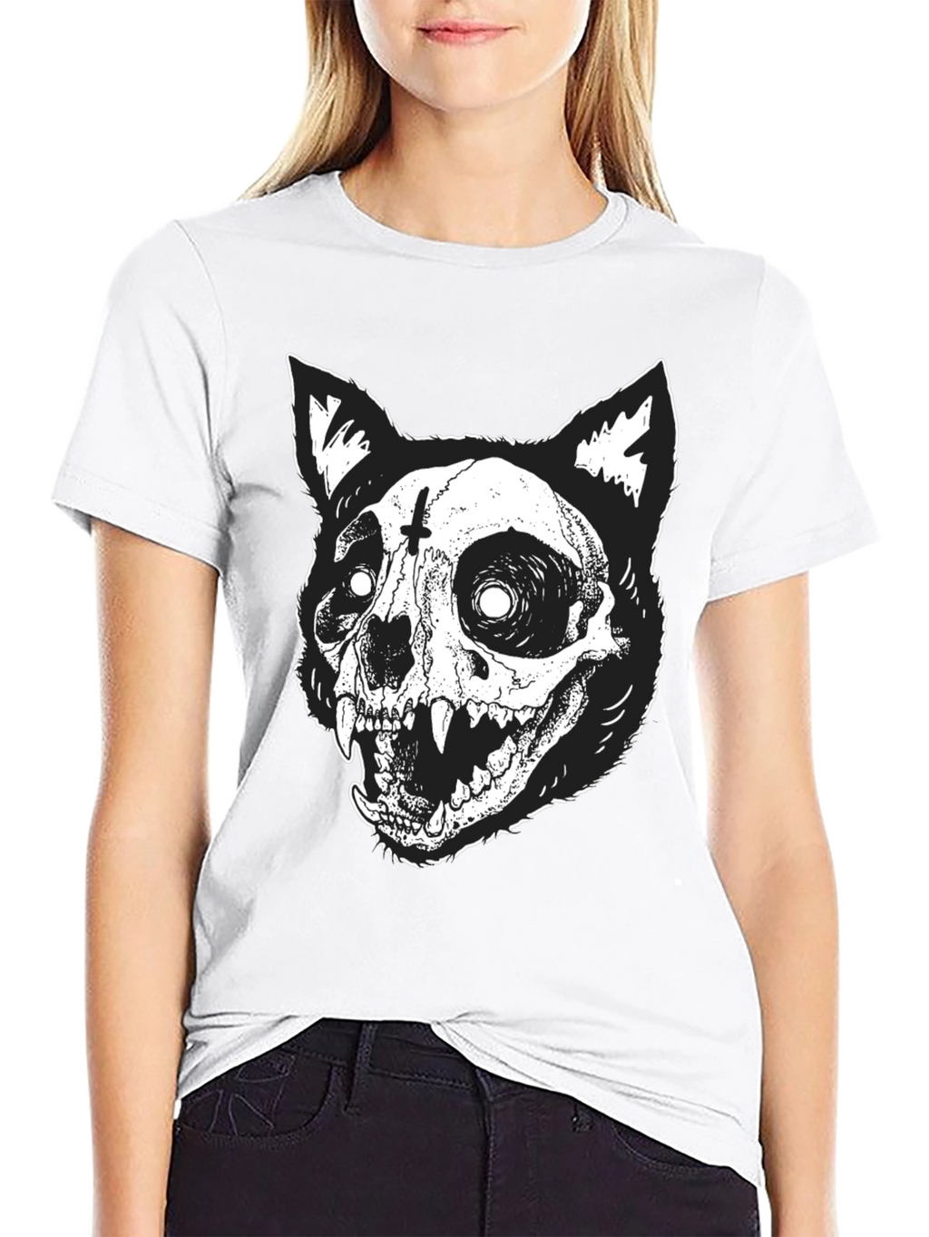 Gothic Cat Skull Graphic Print Black T-Shirt