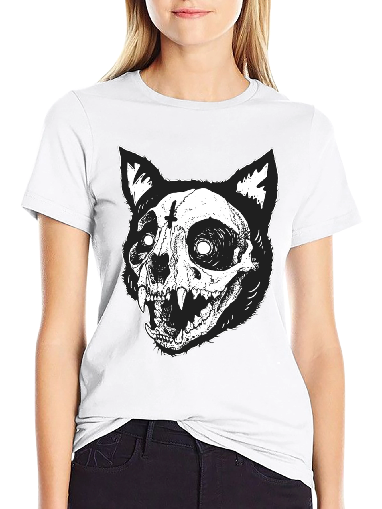 Gothic Cat Skull Graphic Print Black T-Shirt