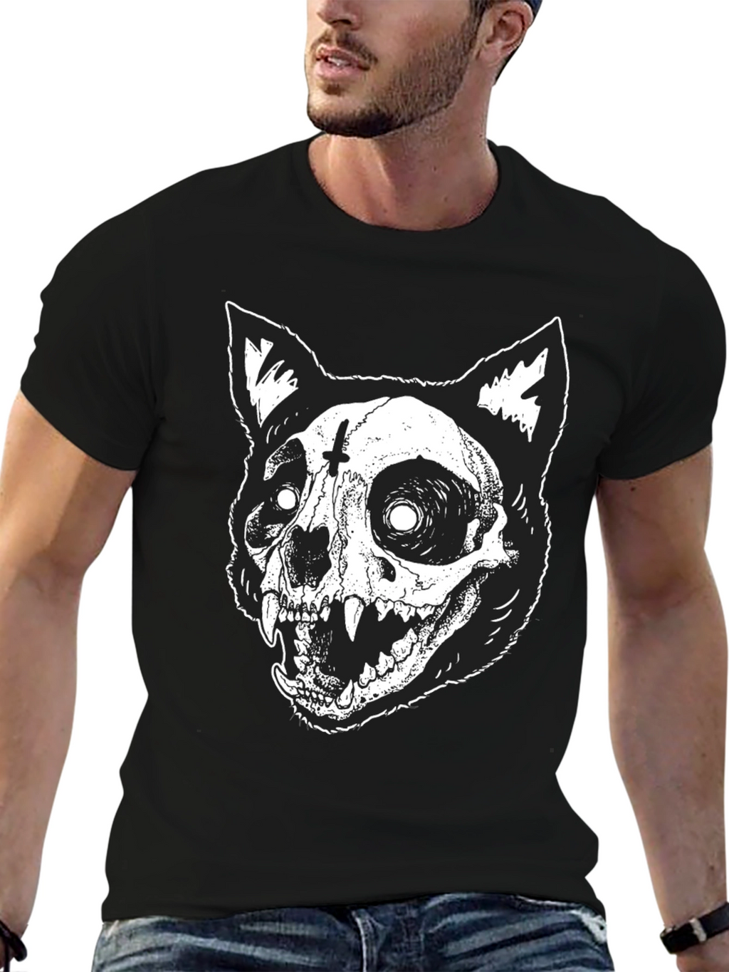 Gothic Cat Skull Graphic Print Black T-Shirt