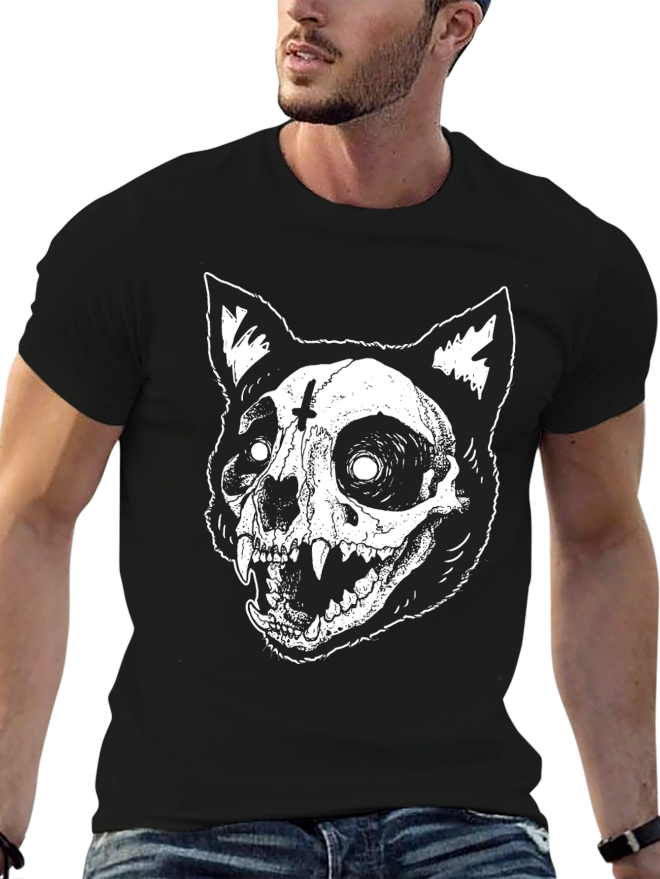Gothic Cat Skull Graphic Print Black T-Shirt
