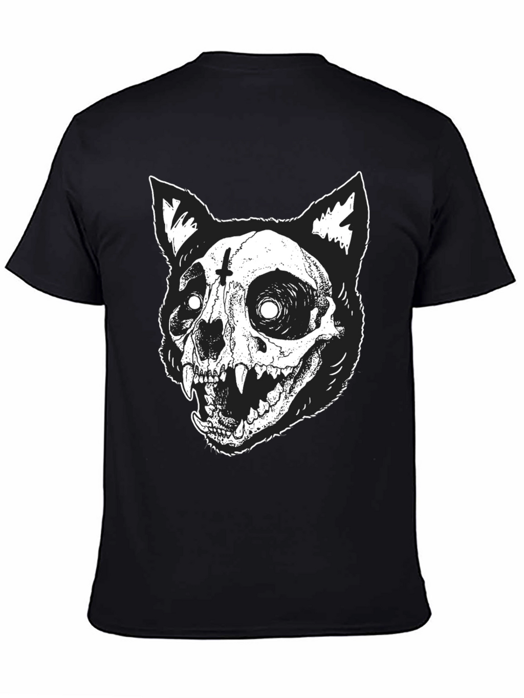 Gothic Cat Skull Graphic Print Black T-Shirt