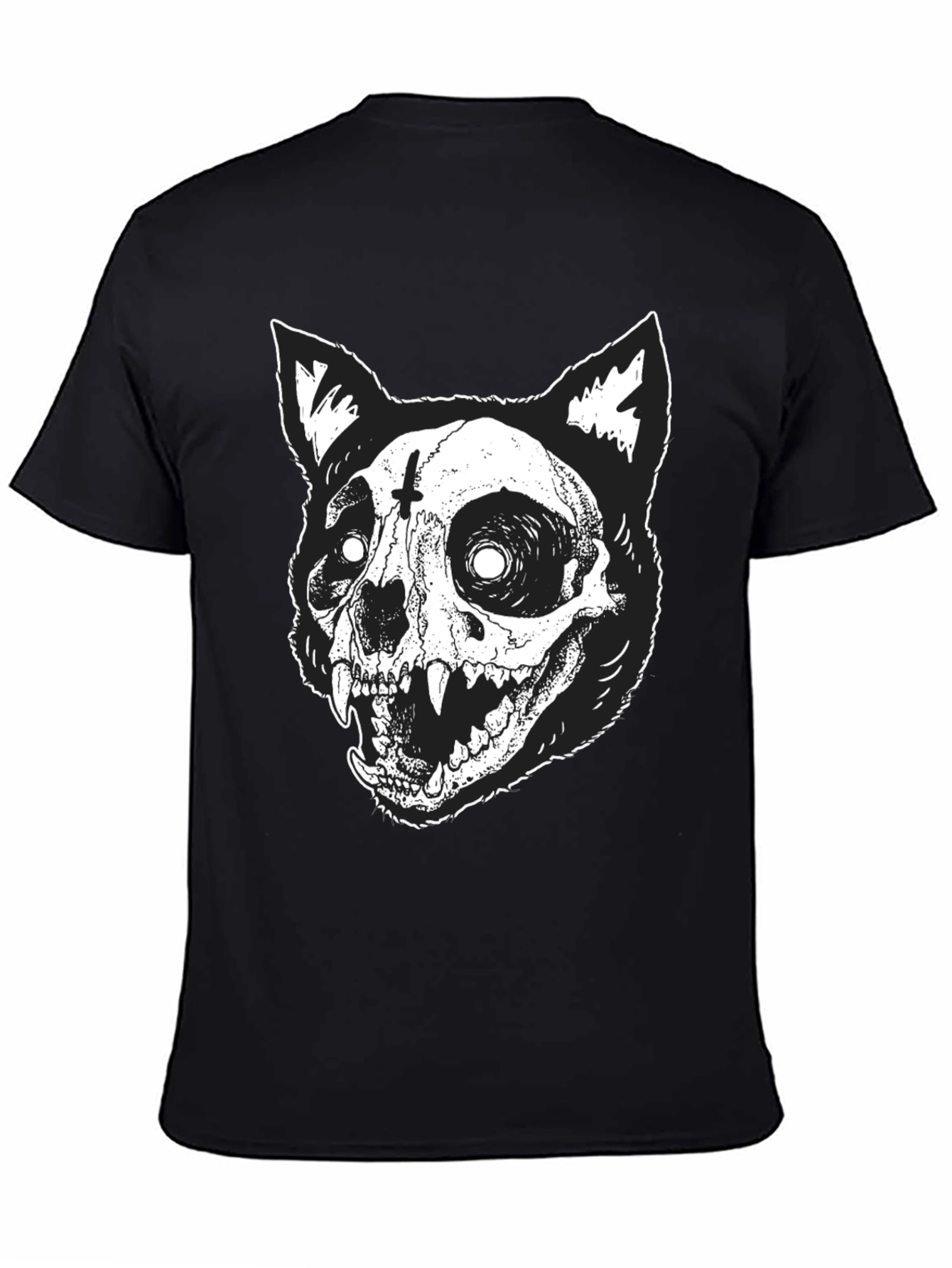 Gothic Cat Skull Graphic Print Black T-Shirt