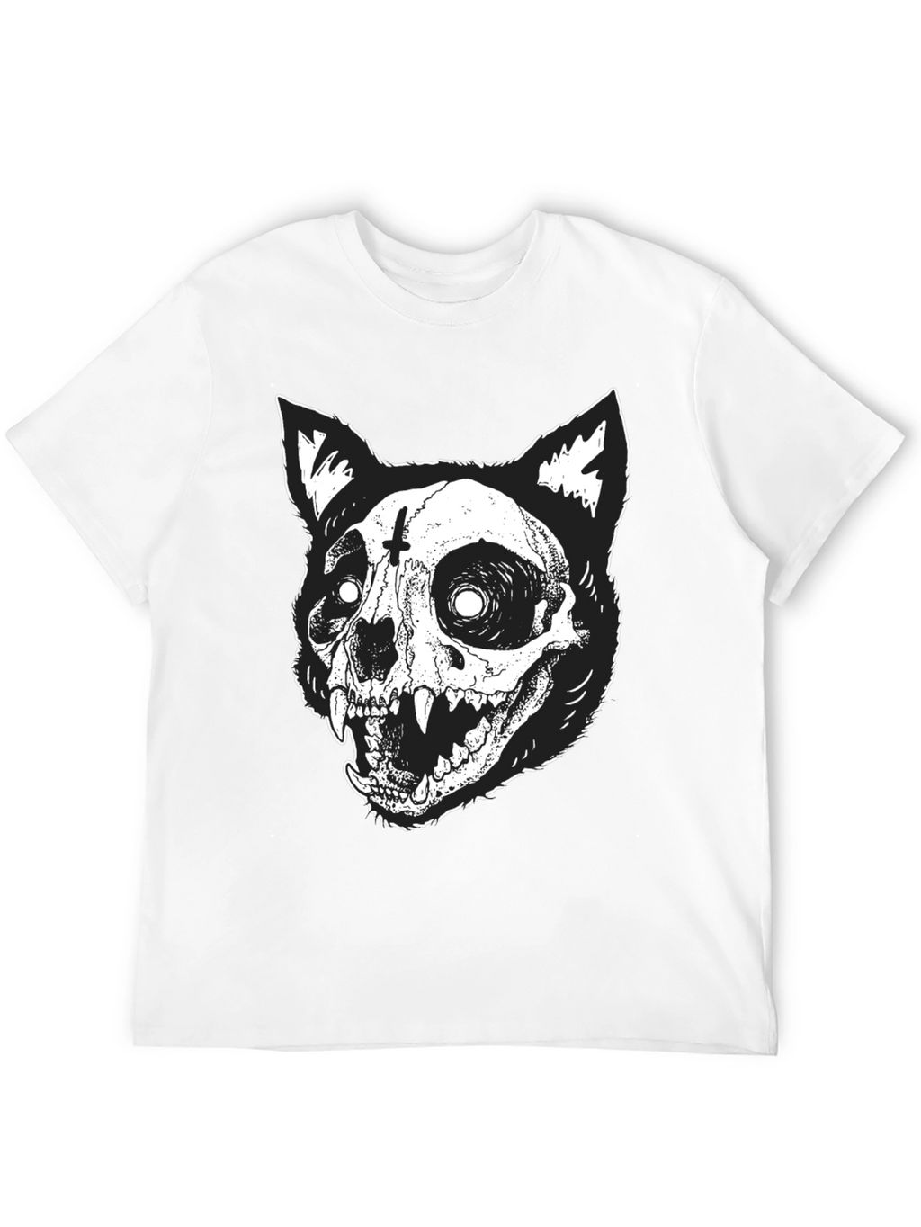 Gothic Cat Skull Graphic Print Black T-Shirt