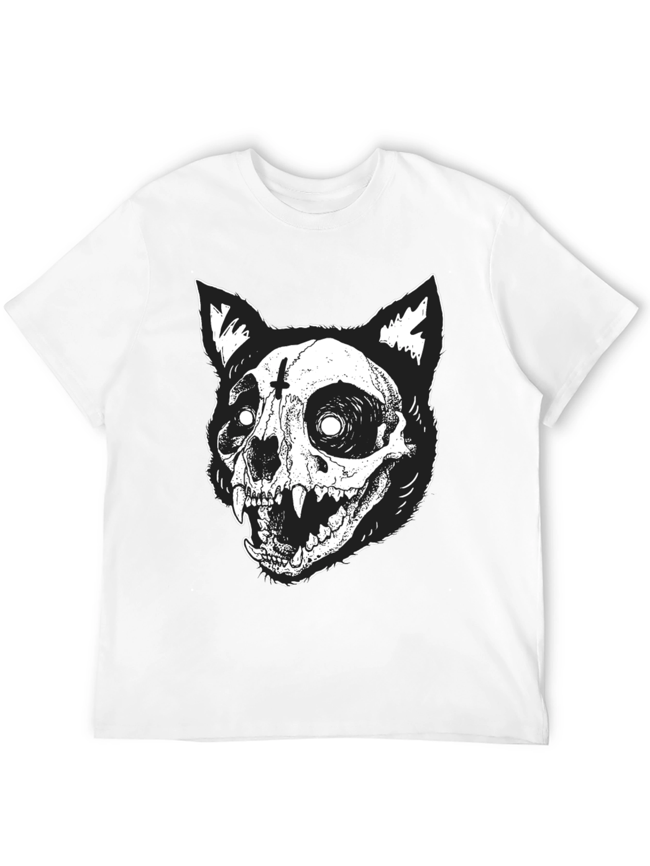 Gothic Cat Skull Graphic Print Black T-Shirt