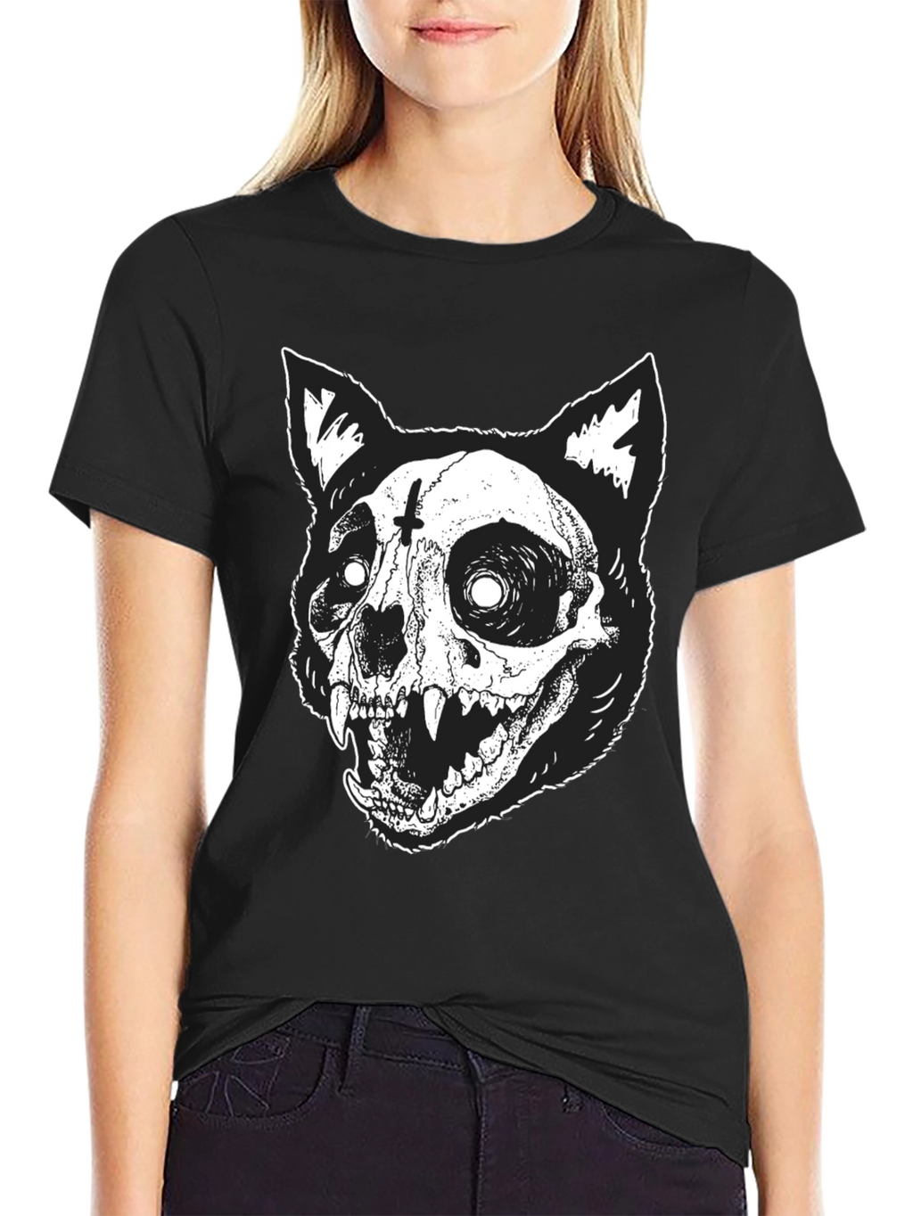 Gothic Cat Skull Graphic Print Black T-Shirt
