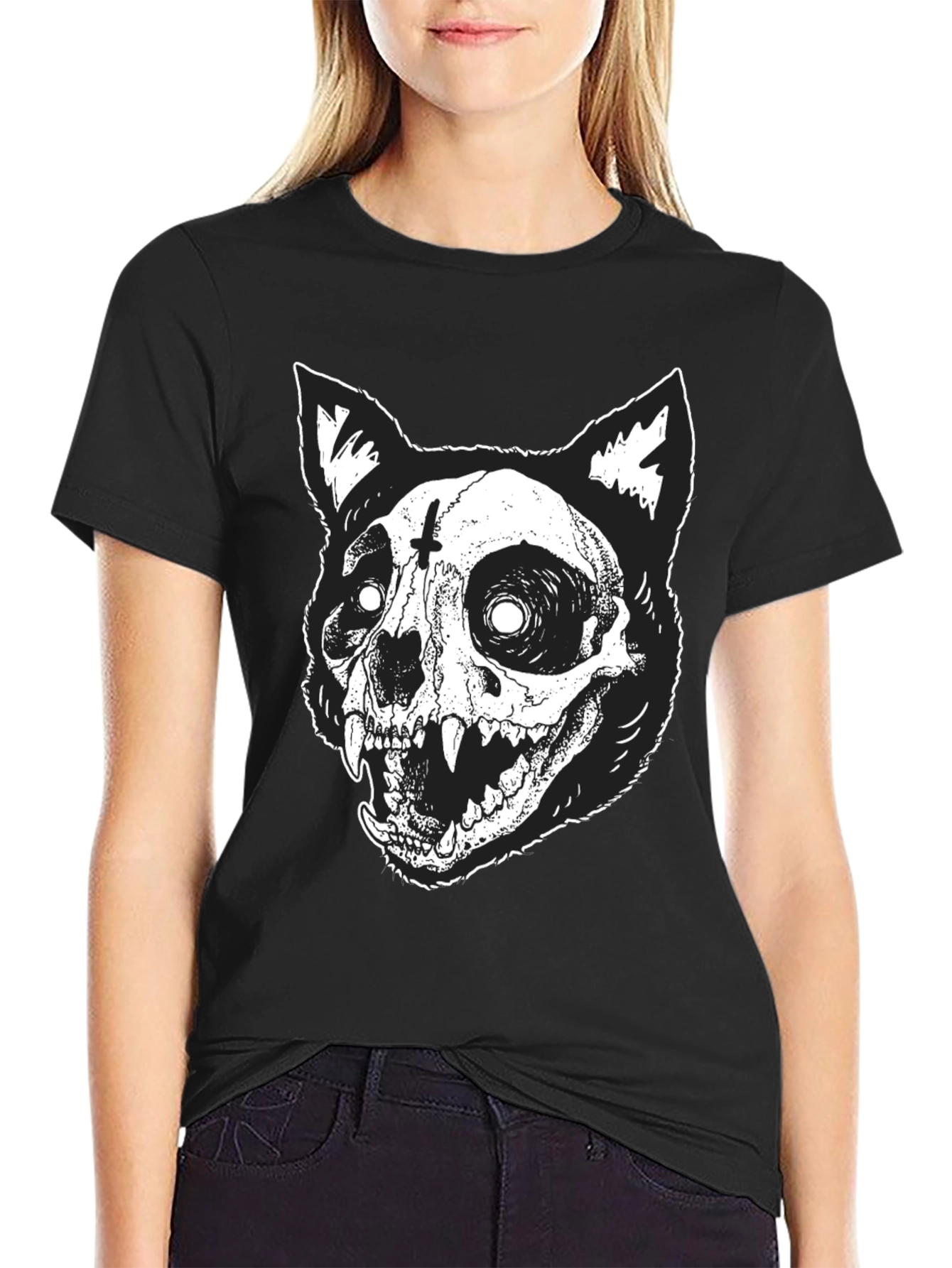 Gothic Cat Skull Graphic Print Black T-Shirt