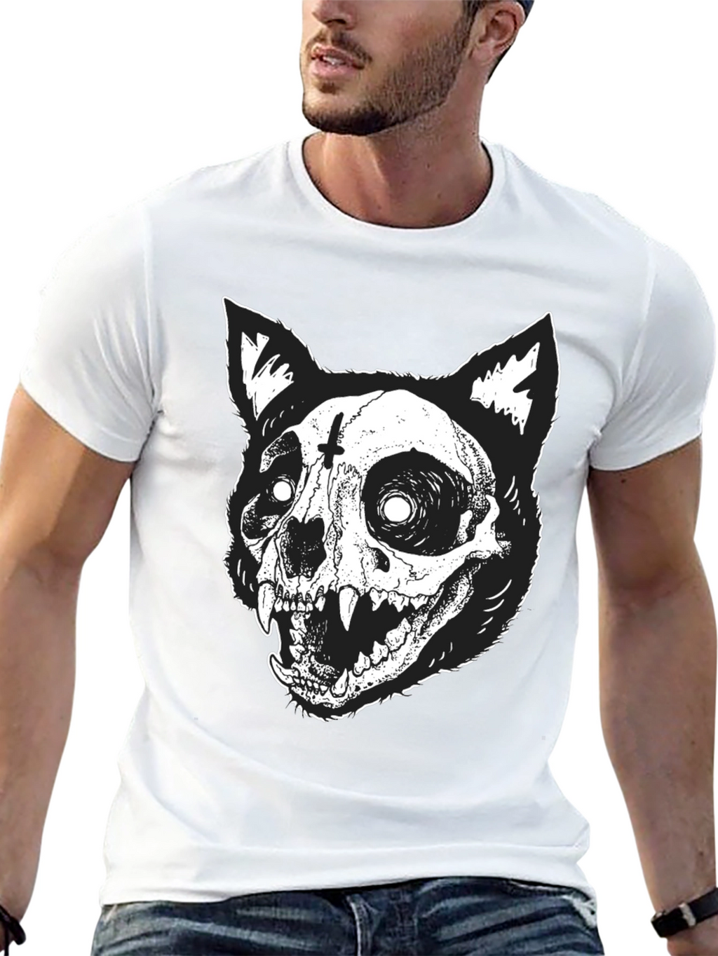 Gothic Cat Skull Graphic Print Black T-Shirt