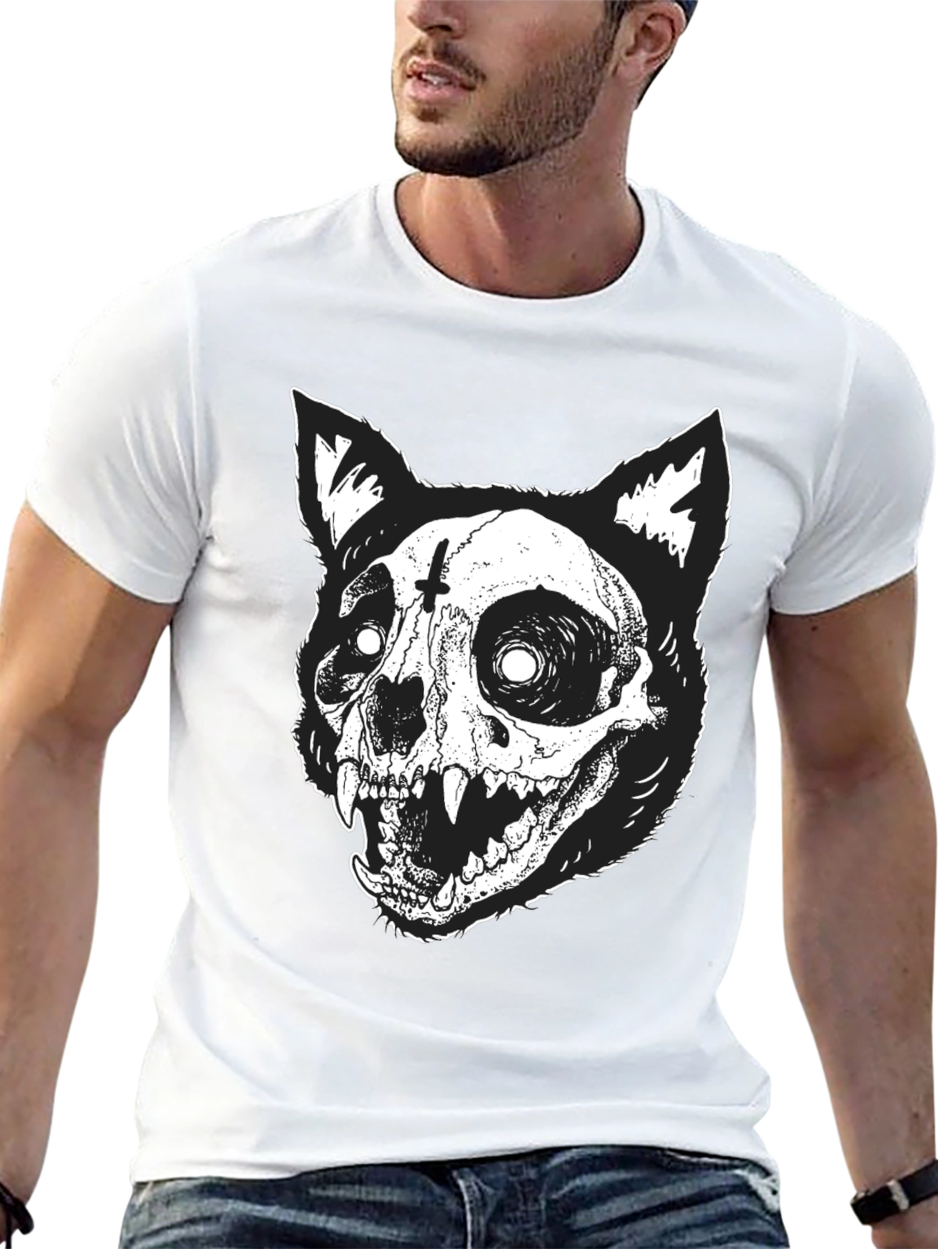 Gothic Cat Skull Graphic Print Black T-Shirt