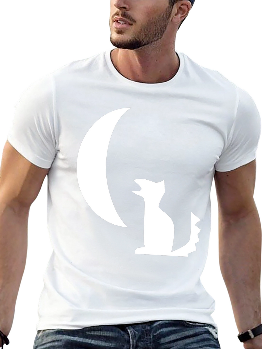 Black T-Shirt with White Moon and Wolf Design